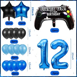 HCRXVV Gamer Decoration 12th Birthday Boy, 12 Year Video Game Birthday Decoration, Blue Balloons Set with Black Game Controller Balloons for 12th Gamers Children Birthday Decoration Party Accessories