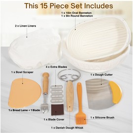 Banneton Bread Proofing Basket Set - 9" Round & 10" Oval Baskets with Tools for Sourdough Fermentation & Baking (15 Pack)