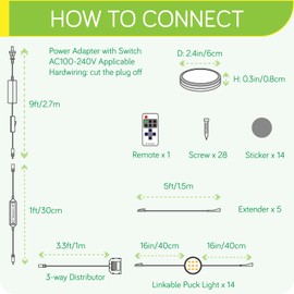 Meigour Direct Wired Under Cabinet LED Puck Lighting Kit, Linkable and Wireless Remote Control Dimmable Accent Lighting, 120Vac Electric Wall Plug to 12V Display Case Light, 14 Lights, Cool White
