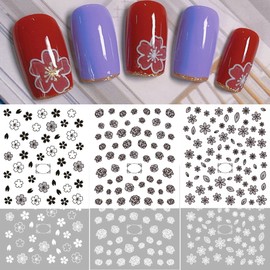 Semi Transparent Black White Rose Cherry Blossoms Flower Nail Art Decal Stickers Self Adhesive Nail Stickers for Fingernails Acrylic Nails Designs Decorations for Women Girl Kids Nail Decor(6 Sheets)
