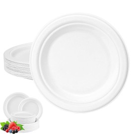 Disposable Paper Plates White 10inch/25cm,Super Rigid Bagasse Plates Eco-Friendly Compostable Biodegradable Plate,50Pack Sturdy Sugarcane Plate Party Plates Strong Plates Heavy Duty for Hot/Cold Food
