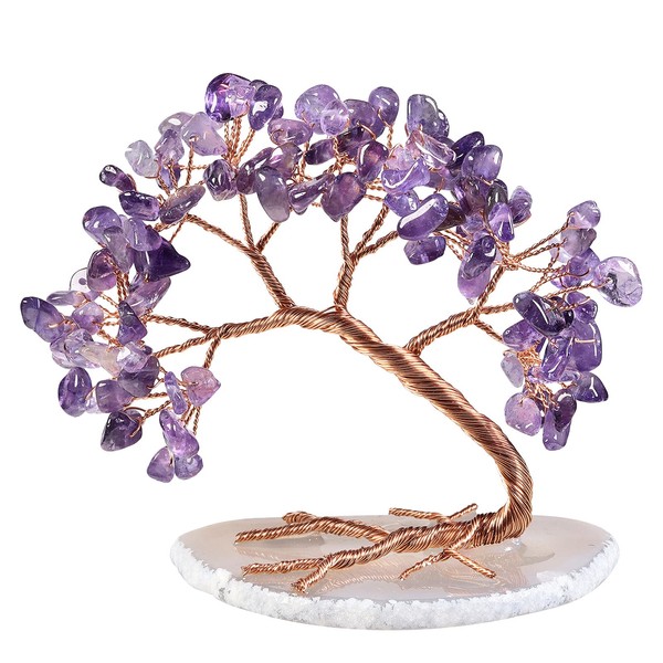 rockcloud Handmade 3-4'' Crystal Money Tree with Agate Slice Base Tumbled Stones Feng Shui Bonsai Home Office Decor for Luck and Wealth, Amethyst