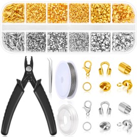 1200 piezas de suministros de cuentas de crimpado para hacer joyas, incluyendo cubiertas de crimpado, tubos de crimpado, cierres y cierres para pulseras, extremos de crimpado, anillos abiertos