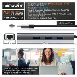 CSL - USB C HUB with RJ45 Ethernet - LAN Network Adapter - 3 USB 3.2 Gen2 Ports Type A with 10 Gigabit - for PCs, Notebooks, Tablets with USB-C Port - Black