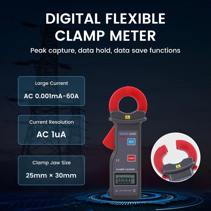 EITAI-ETCR6300 Digital Leakage Current Clamp Meter, 1uA Resolution, 0.001mA-60A, Φ1.2inch/30mm,