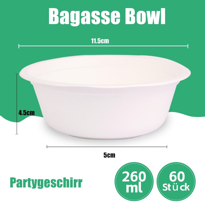 60 Sugar Cane Disposable Soup Bowls, 260 ml Compostable Disposable