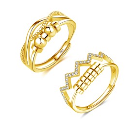 Estrellique Silver 925 Fidget Rings for Anxiety Person, 925 Sterling Silver Anxiety Rings, Unisex Open Adjustable Anti-stress-ring, 2PCS Decompression Ring Set, Hypoallergenic Spinning Ring with Beads