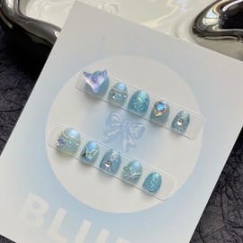 JIEADJIE Press On Nails (100% Handmade),Short-Mini,for Grade Schooler, Handmade Painted Nail Art by Nail Technician,Schoolchild Version… (Blue Mermaid, Large)