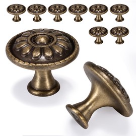 Fecraf 10 Pack Antique Brass Cabinet Knobs, Vintage Retro Drawer Knobs, Solid Round Dresser Knobs for Nightstands Single Hole Cabinet Hardware, Diameter 1.18in