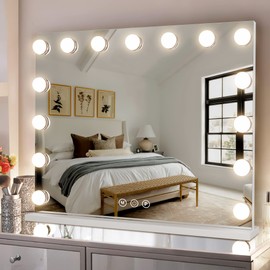 NeuType Vanity Mirror with Lights, Makeup Mirror with Lights, Light Up Mirror with 15 Dimmable Lights for Makeup Desk, 5X Magnification, 3 Colors Modes, Tabletop or Wall-Mounted, Charing Port
