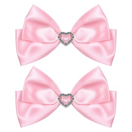 Pink Satin Hair Bow Clips, Christmas Valentine School Hairpins with Heart Rhinestones,Handmade Bowknot Hair Accessories for Kids Girls New Year Decor