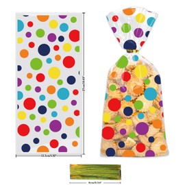 50 Pcs Rainbow Cellophane Treat Bags, Polka Dot Stripes Stars Printed Pattern Mixed Bags, Goodie Candy Favor Bags with Twist Ties for Pride Day, Baby Birthday Party Supplies(5inch x 10inch)
