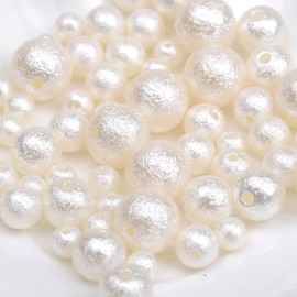 Double-hole Cotton Pearl-like Beads, Assortment Set, 0.24, 0.3, 0.3, 0.4, 0.4, 0.47, 0.47 inches (4, 6, 8, 10, 12 mm), Approximately 370 Pieces, Round Balls, Craft Materials, DIY Use, Resin Pearl, Handmade Accessories, Handicraft Supplies
