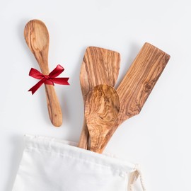Darido Olive Wood Cooking Utensils Set of 3 with Extra Small Spoon - 30 cm - Handmade - Heat Resistant and Scratch Resistant - Wooden Spoon, Curved Long Spatula, Solid Spatula and a Small Spoon