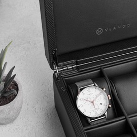 Vlando Fathers Day Gift, Watch Box Organize for Men, 6 Slots Watch Case with Textured Leather, Watch Holder with Soft Pillow, Gift for Fathers, Husband, Friend, Black