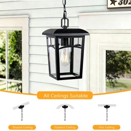 DOCIUEON Outdoor Hanging Light, Farmhouse Black Porch Pendant Lantern with Clear Glass, E26 Base Modern Exterior Chandelier for Front Door, Patio, Entryway, Gazebo, Backyard