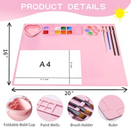 Silicone Painting Mat,20"X16"Large Silicone Art mat, Art Mat with Cup, Easy Clean up, Protects Surfaces Perfectly. for Paint, Color, Play with Clay/Play Dough.(Pink)