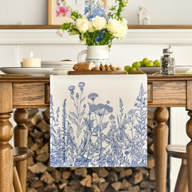 Artoid Mode Blue Antique Herbs and Wild Flowers Spring Table Runner, Seasonal Summer Kitchen Dining Table Decor for Home Party Decor 13x72 Inch