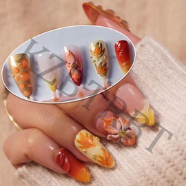 30Pcs Fall Press on Nails Medium Fake Nails with 3D Flower Gold Maple Leaf Designs French Nails Almond Sparkling Autumn Leaves Nail Art,3D Floral Golden Beads Stick on Nails,Thanksgiving Nail Set