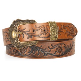 OVOY Women Vintage Floral-Carved-Leather-Belt Western-Country Cowgirl Belt with Metal Pin Buckle for Jeans Pants 28-38" Waist