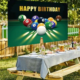 Renaiss 6x3.6ft Happy Birthday Banner Billiards Kick-Off Party Decoration Snooker Pool Balls Black Green Photocall Background Car Wall Decors for Man Woman Boy Bday Yard Sign Party Supplies