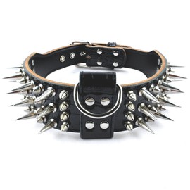 PET ARTIST 2" Wide Luxury Sharp Spiked Dog Collar, Durable Anti-Biting Leather Dog Collar for Medium & Large Dogs, Black, L, Neck for 19-22"