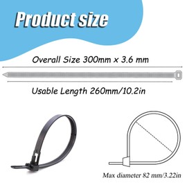 100 Pcs Black Plastic Cable Ties 300mm×3.6mm Zip Ties Heavy Duty Nylon Cable Ties Self Locking for Home, Garden, Office and DIY Wire Management