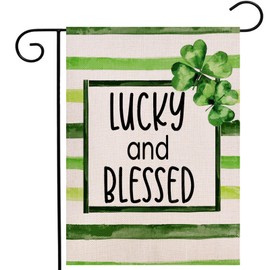 Lucky and Blessed St Patricks Day Garden Flag 12.5x18 Inch Double Sided Outside, Shamrocks Clovers Stripe Holiday Yard Outdoor Decoration