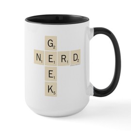 CafePress Scrabble Geek Nerd 15 Oz Ceramic Large Mug (207146368) - White/Black Inside