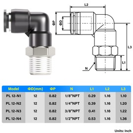 TAILONZ PNEUMATIC Male Elbow 12mm Tube OD x 1/4 Inch NPT Thread 90 Push to Connect Fittings PL12-N2 (Pack of 5)