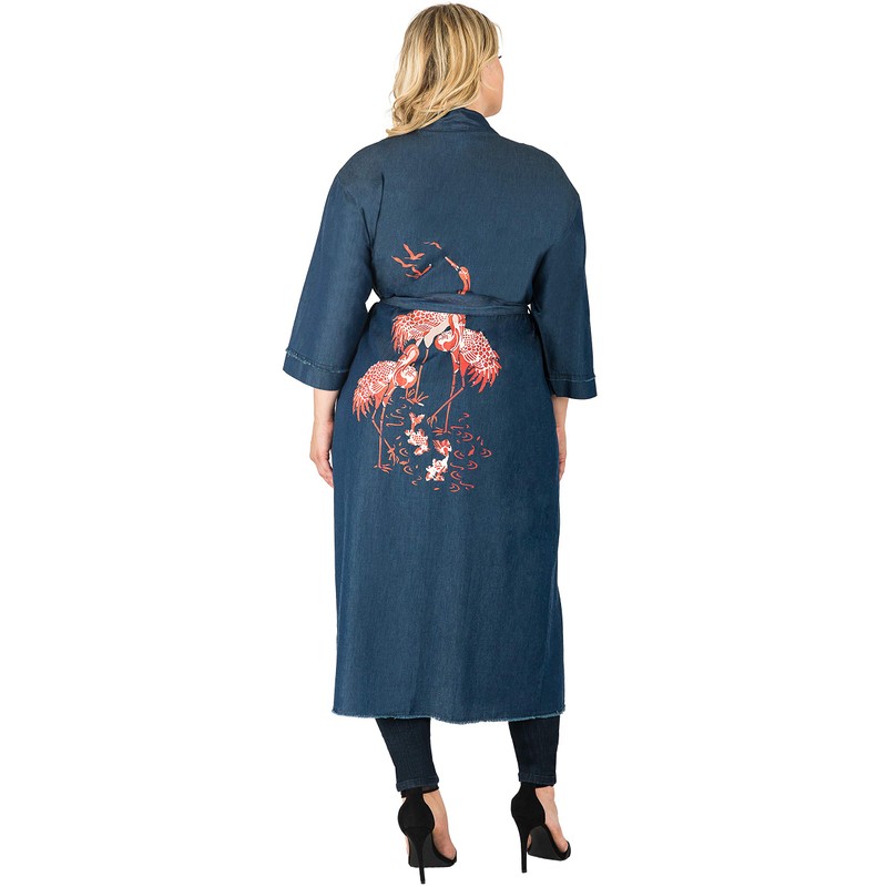 Standards & Practices Women's Plus Size Denim Bird Print Kimono