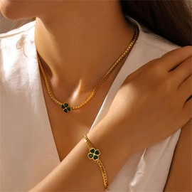 Four Clover Leaf Bracelet Stainless Steel Geometry Heart Irish Lucky Link Chain Emerald Cubic Zirconia Flower Leaves Bracelets Jewelry for Women
