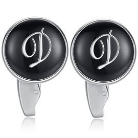 (D) - HONEY BEAR Initial Alphabet Letter Cufflinks Tie Clip Set for Mens - Black Round Stainless Steel, for Business Wedding Gift A - Z