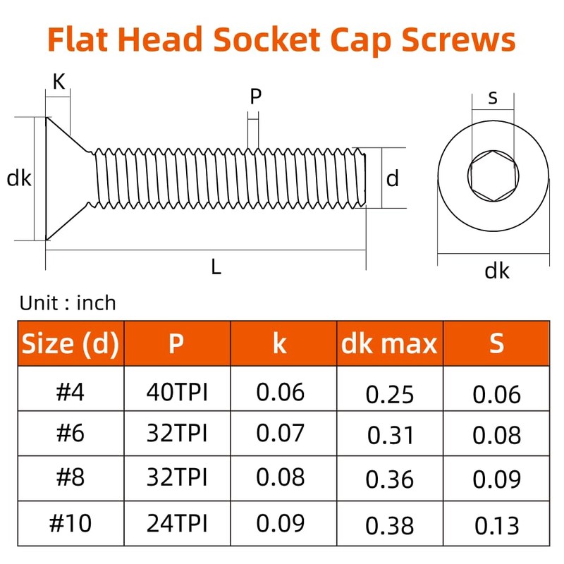 #6-32 x 3/8" Flat Head Socket Cap Screws Countersunk Bolts