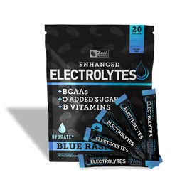 Enhanced Electrolyte Powder Stick Packs (Blue Raspberry | 20 Packets) w/ 0 Sugar +BCAAs +B-Vitamins Electrolyte Supplement w Potassium Zinc & Magnesium for Hydration - Keto Electrolytes