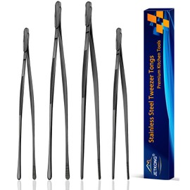 JETKONG 4 Pcs Kitchen Tweezers, 12'' and 10'' Stainless Steel Cooking Tweezers Set, High-Precision Tweezers Tongs for Cooking, Repairing, Seafood and BBQ (Black)