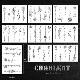 CHARLENT Temporary Tattoos for Women Girls - 45 Pcs Line Flower Words Sketch Realistic Long Last Fake Tattoo Waterproof Minimal Line Art Tattoo for Arm Backbone Leg Body