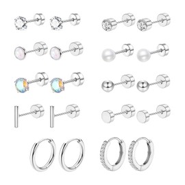 10Pairs Silver Earrings for Women Various Stud Earrings Hoop Earrings for Women Diamond Pearl Rod Round Decoration Stainless Steel Earrings Silver Hoops Ear Piercing Studs Screw Back Earrings