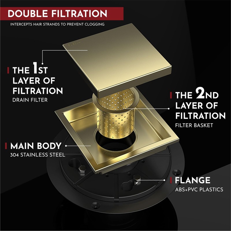 WEBANG 4 Inch Square Shower Drain Gold Floor Drain with