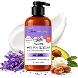Loción corporal RaGaNaturals Soo Shea Lavender de 8 fl oz | Hecho con aceite de argán, manteca de karité, aceite de aguacate, vitamina E, aceite esencial de lavanda y amor | Ultra hidratante, nutritivo, hidratante, última intervensión de químicos