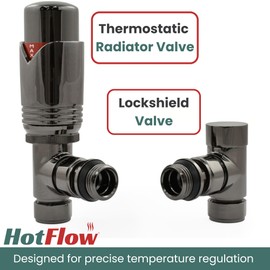 Hot Flow Black Nickel Marella Modern Thermostatic Radiator Valve Angled TRV. Includes Angled TRV Body, Wheel Head and Lock Shield for Quick & Easy Temperature Control.