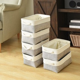 Mangata Fabric Storage Boxes, Collapsible Storage Baskets with Rope Handles for Cupboards, Shelves, Wardrobe, Toys, Clothes (Medium, Grey White)