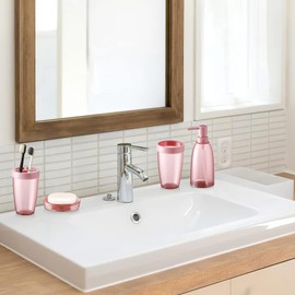 iMucci Bathroom Accessories Set 4Piece Plastic Bathroom Decor Sets Accessories, Toothbrush Holder, Toothbrush Cup, soap Dispenser, soap Dish(Pink)