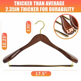 Amber Home 6 Pack Retro Wide Shoulder Wooden Suit Coat Hangers with Locking Bar, Smooth Finish 360° Swivel Gold Hook Solid Wood Jacket Clothes Hangers for Sweater, Pants, Heavy Clothes