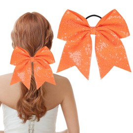 Totelux 8’’ Large Cheer Bows Sequins Elastic Hair Ties Ponytail Holder Bowknot Ribbon Rubber Bands Glitter Hair Accessories for Women Girls Kids Teens Shiny Hair Bands Orange