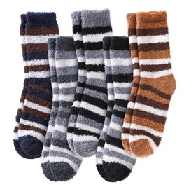 LINEMIN Mens Fuzzy Socks Cozy Fluffy Winter Warm Slipper Socks Microfiber Soft Home Sleeping Socks 5/6 Pairs (White/Brown/Black/Grey Stripe)