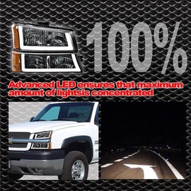 CROSSDESIGN LED DRL Headlights Compatible with Chevy Silverado 1500 2500 3500 & HD Model 2003-2006 /Fit 03-06 Avalanche 1500 2500 Bumper Headlamp Clear lens Chrome Housing Amber Reflector