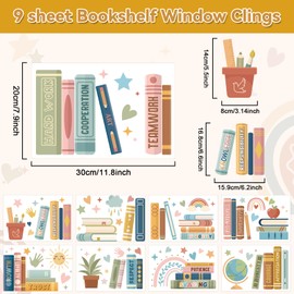 Yiaoyinnz 9 Sheet Boho Book Window Clings Back to School Window Stickers Inspirational Classroom Bookshelf Glass Decals for First Day of School Party Home Reading Classroom Library Nursery Wall Decor