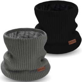 XFUEL Kids Neck Warmer, 2 Pack, Knitted Winter Neck Gaiter, Fleece Lined Infinity Scarf for Boys Girls (black,dark grey)