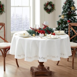 Elrene Home Fashions Poinsettia Noel Laser Cut Holiday Fabric Tablecloth, 70x70 Round, Poinsettia Ivory